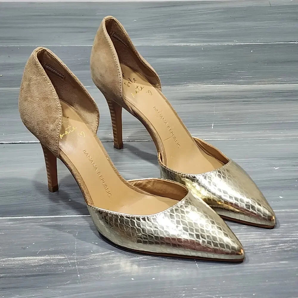 Banana Republic Alicia D'Orsay Heels Pumps Gold Tan Suede Size‎ 7 M Stacked Heel